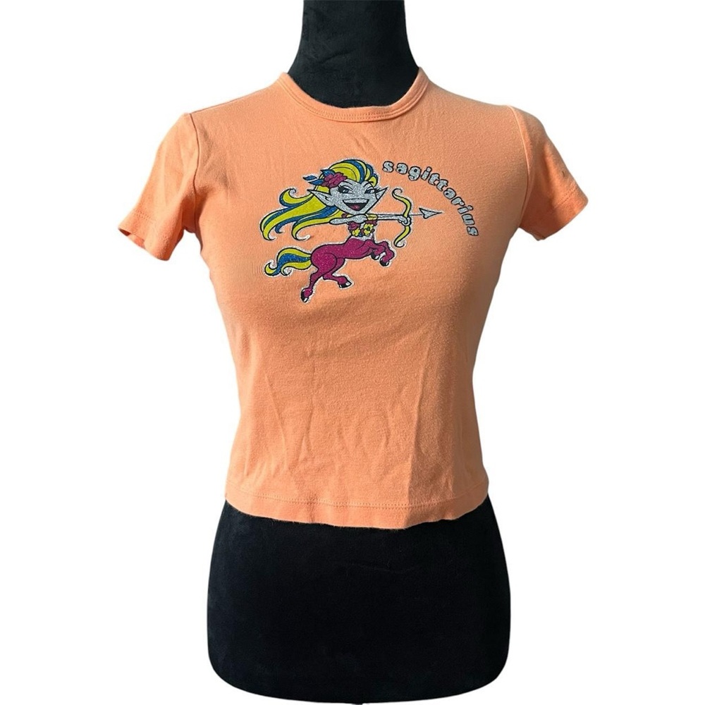 Y2K Sagittarius Orange Graphic Glittery Cropped Baby Tee